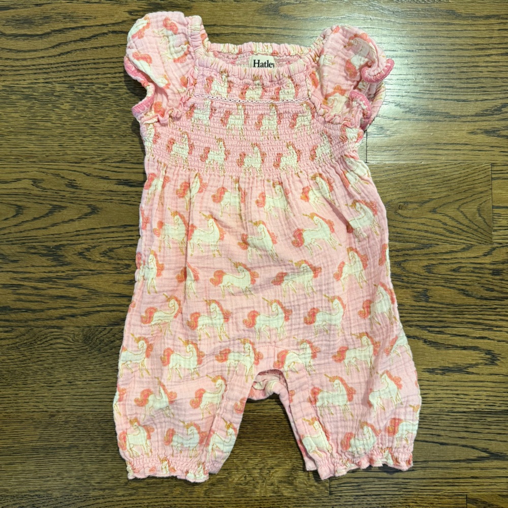 Hatley Pink and White Unicorn Romper with Ruffled Sleeves